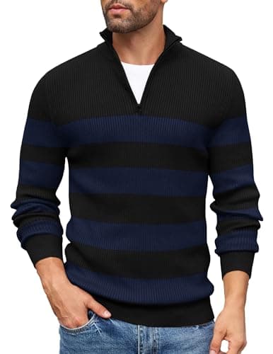 Image of COOFANDY Men's Quarter Zip Jumper Knitted Turtleneck Sweater Slim Fit Roll Neck Jumpers Winter Mock Neck Pullover Black & Navy Stripes M