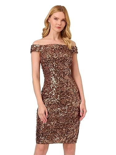 Image of Adrianna Papell Womens Off Shoulder Sequin Dress, Copper, 14