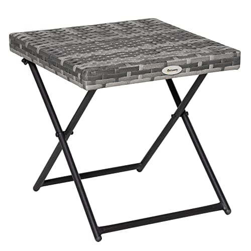 Image of Outsunny Folding Rattan Garden Coffee Table, Small Square Outdoor Bistro Side Table with Rattan Top for Patio, Balcony, Porch, 40 x 40 x 40 cm, Grey