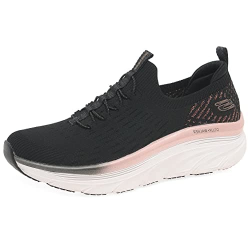 Image of Skechers Women's D'Lux Walker Let It Glow Sneaker, Black Knit/Rose Gold Trim, 7 UK