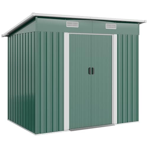 Image of Outsunny 7 x 4ft Outdoor Storage Shed with Foundation Kit, Lean to Metal Garden Shed for Log, Rubbish Bin, Tool, Lawnmower, Bike, Patio Use, Bike, Green
