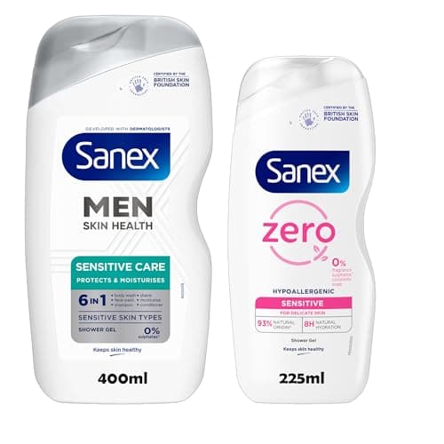Image of Sanex Shower Gel Bundle – Men 6-in-1 400ml + Zero Sensitive 225ml – Hypoallergenic & Dermatologist Approved – 0% Sulphates, Fragrance-Free – For Sensitive & Delicate Skin | 2 Pack