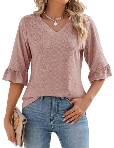 Image of IECCP Ladies Summer Tops,Womens Tops 3/4 Length Sleeve Summer T Shirts V-Neck Dressy Tunic Blouses Pink XL