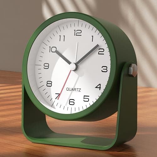 Image of AYRELY 3.5-Inch Analogue Alarm Clock - Silent, Non-Ticking Bedside Clock with Retro Design, Adjustable Angle, Battery Operated, Desk Clock with Light (Dark Green)