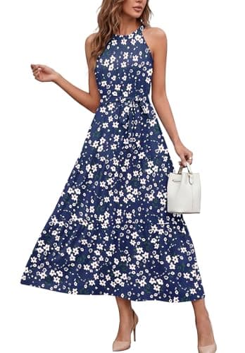 Image of AUSELILY Women's Maxi Dresses Halter Neck Summer Dress Sleeveless Off Shoulder Long Dress with Belt and Pockets Navy Blue Fluffs S