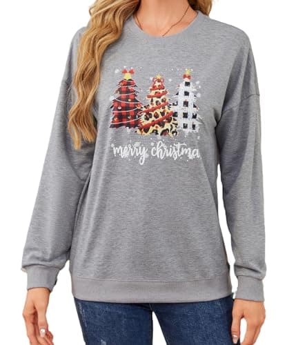 Image of Asoodiy Christmas Sweatshirts Women Xmas Top Ladies Merry Christmas Tree Printed Top Holiday Pullover Xmas Sweatshirts Grey L
