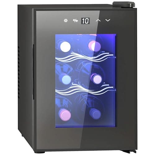 Image of HOMCOM Mini Table Top Wine Fridge, 6 Bottle, 17L, 8-18℃, 26.5cm Quiet Under Counter Wine Cooler Fridge with Glass Door, LED Light, Digital Touch Screen, Temperature Control