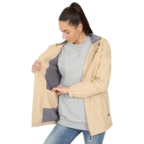 Image of Blu Apparel Women's Waterproof Rain Hooded Jacket Windbreaker Hiking Walking Coat Spring Jackets (UK, Numeric, 12, Regular, Regular, Beige Fleece Lined)