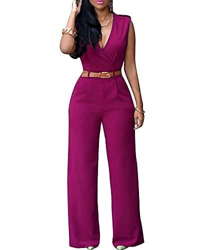 Image of Minetom Women's Sexy Sleeveless V Neck Belted Jumpsuit Playsuit High Waist Long Wide Leg Pants Cozy Loose Rompers Overalls Wine Red UK 14