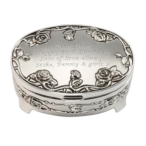 Image of De Walden Girl's 60th Birthday Gift Personalised Engraved Silver Plated Rose Trinket Jewellery Box, Birthday Gift for Girls Sixtieth 60