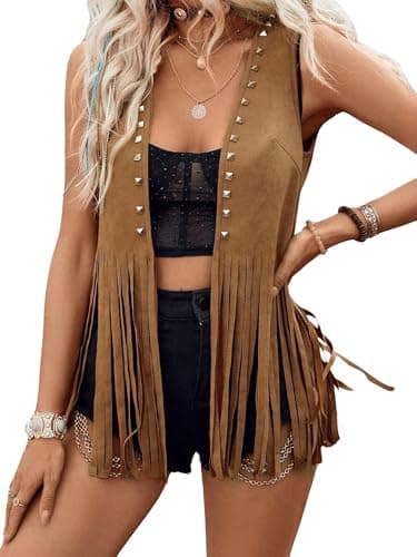 Image of Kouoybt Women Tassel Vest 70s Hippie Sleeveless Rivet Faux Suede Vest Western Fringe Waistcoat Open Front Jacket Cardigan (A-Dark Brown, S)