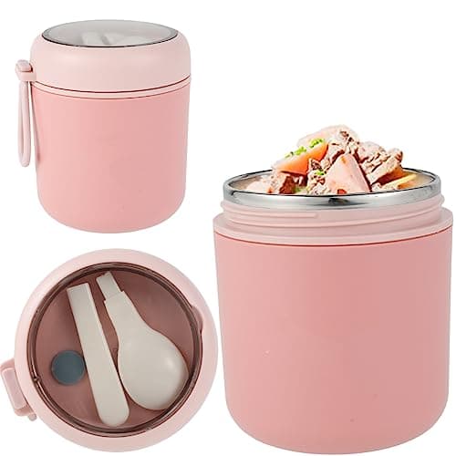 Image of Vacuum Insulated Food Container, 530ml Thermal Box Wide Mouth Food Jar with Foldable Spoon 304 Stainless Steel Meal Thermoses with Silicone Handle for Hot Food (Pink), HYT9883