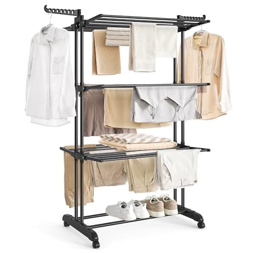 Image of SONGMICS Large Clothes Airer, Foldable Clothes Drying Rack Laundry 4-Tier, Moveable, 63.5 x 128 x 173 cm, Stainess Steel, Folding Wings, Indoor Outdoor Use, Ink Black LLR701B01