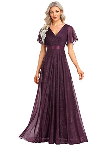 Image of Ever-Pretty Women's Sparkling V-Neck A Line Empire Waist Short Sleeve Cocktail Dress Dark Purple 24