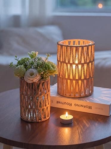 Image of NUPTIO Rattan Boho Hurricane Lanterns: Set of 2 Pillar Candle Holders with Glass Cylinders- Farmhouse Vases for Home Coffee Table Centerpieces Decor