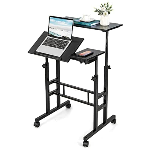 Image of COSTWAY Height Adjustable Standing Desk, Mobile Laptop Table Computer Desk with Flip-over Desktop and Wheels, 2-Tier Laptop Cart Sit Stand Desk Writing Workstation for Home Office (Black)