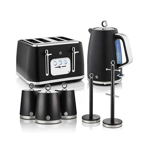 Image of Swan Serenity Complete Essentials Kitchen Set, 1.7L Rapid Boil Kettle, 4 slice Toaster, 3 Canisters, Towel Pole and Mug Tree, Black, EEJB479