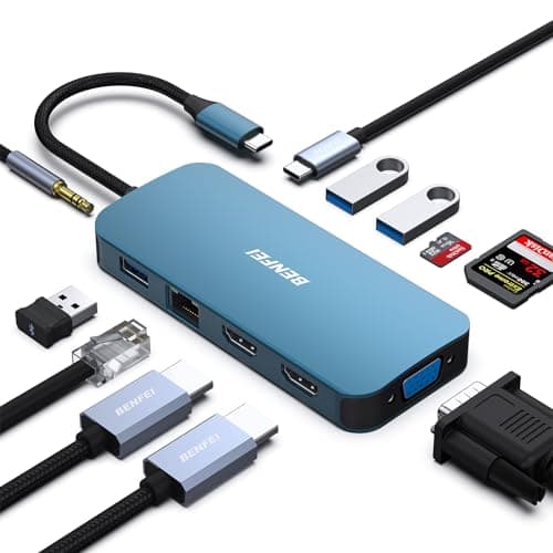 Image of BENFEI 11-in-1 USB C MST Laptop Docking Station with Silicone Woven Design Cable, USB-C to 2*HDMI/1*VGA, to 3*USB 3.0/SD/TF Card Reader/Ethernet/100W Power Delivery/3.5mm Aux Audio