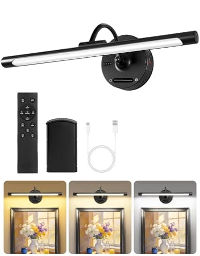 Image of OUTON 16.9" Rechargeable Picture Light for Wall, 8000mAh Detachable Battery Operated with Slide Dimmer, Remote & Touch, 3 Color Temperatures, Power Indicator, Timer & Memory, Gallery Light, Black