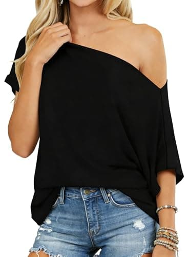 Image of Dressmine Women's Off Shoulder Tops Casual Short Sleeve Loose Batwing Shirts Oversized Blouse Tunic Black Medium