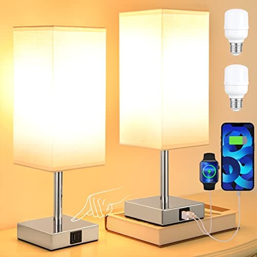 Image of Aooshine Bedside Lamps Set of 2, Touch Lamps Bedside with USB-C+A Charging Ports, Table Lamp with 3-Way Dimmable, Small Table Lamps for Bedroom with White Fabric Shade(Bulbs Included)