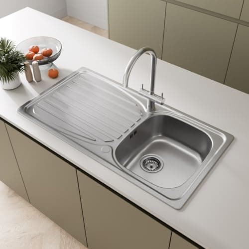 Image of SÄUBER® 950 x 500mm Stainless Steel Kitchen Sink Single One 1.0 Bowl Inset Drop in Installation, Left Hand Drainer, 18/10 Grade Steel Sinks, Free Basket Strainer Waste