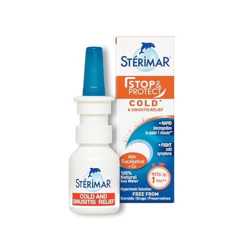 Image of Sterimar Stop And Protect Cold And Sinusitis Relief, Nasal Spray, Fast-Acting Hypertonic, 100% Natural Sea Water, Free from Steroids, Drugs & Preservatives, For Adults & Children 6+, 20 ml