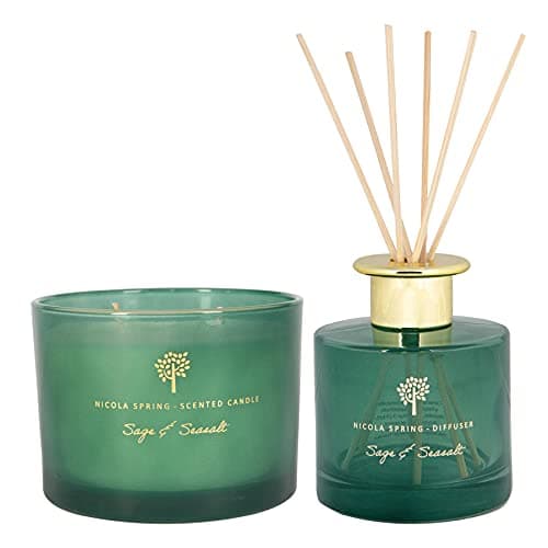 Image of Nicola Spring Sage & Seasalt Scented Candle & Reed Diffuser Set - 350g Soy Wax Candle 38 Hour Burning Time Large Relaxing Fragrance Gift Set Aromatherapy 200ml Fragrant Diffuser