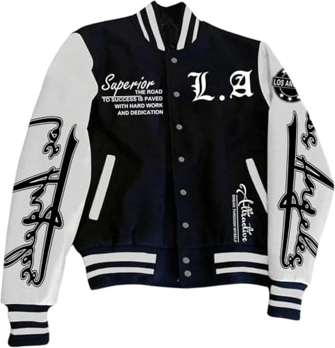 Image of Vagbalena Men's Spring Varsity Baseball Jacket Colorblocked Monogram Printed Long Sleeve Casual Baseball Jacket Personalized Varsity Jacket (black,M)