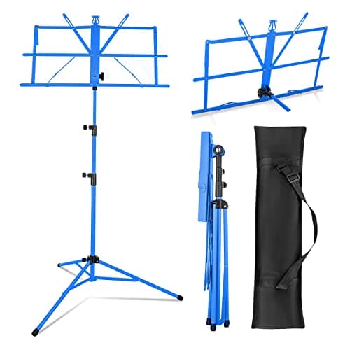Image of CROWNSHOP Music Stand Music Sheet Stand Heavy Metal Foldable Music Stand Adjustable Stand Base Tripod Orchestral Score Music Stand with Carrying Bag for Storage or Travel (Blue)