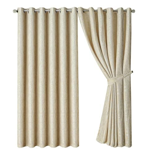 Image of OpulentDreams Jacquard Curtains - Heavy Ring Top Window Curtains for Bedroom & Living Room - Fully Lined - Includes Two Tie Backs - Pair of Panels (Cream 1 - Eyelet, 90" x 90" (228 x 228 cm))