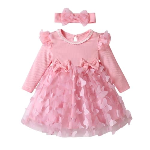 Image of Kumsolu Toddler Baby Girl Clothes Dress Mesh Tulle Butterfly Print Long Sleeve Dresses Pink