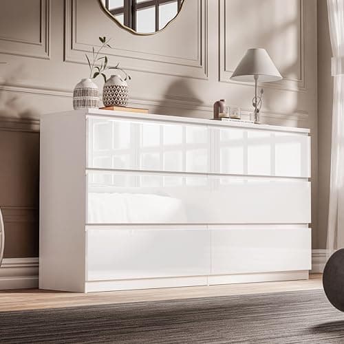 Image of Blisswood High Gloss Chest of Drawer, 6 Drawer Bedroom Chest of Drawer Bedside Table Cabinet for Bedroom Living room Furniture, White, 120W x 40D x 77H cm