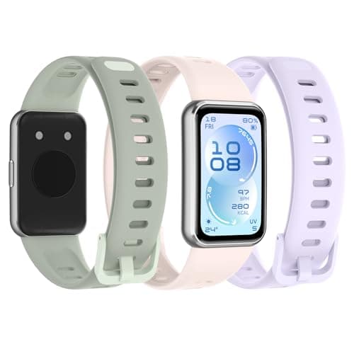 Image of Bigqin 3-Pack Replacement Band Compatible with Huawei Band 11/11 Pro, Soft Silicone Replacement Wristband Breathable Sport Watch Band, 5.1"-8.5",Gray-Green, Official Pink, Official Purple