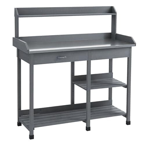 Image of Outsunny Garden Potting Table, Wooden Workstation Bench w/Galvanized Metal Tabletop, Drawer, Storage Shelves and Hooks for Patios, Courtyards, Balcony