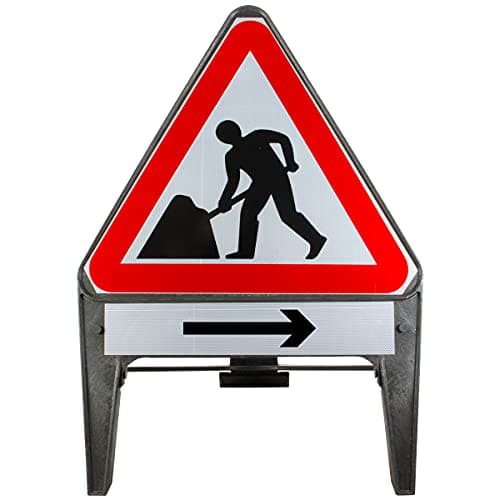 Image of Men At Work With Arrow Right Supplementary Plate 750mm Triangle Road Sign 7001 - Plastic Temporary Road Street Traffic Safety Sign for Road and Street Works - Freestanding with Reflective Sign Face