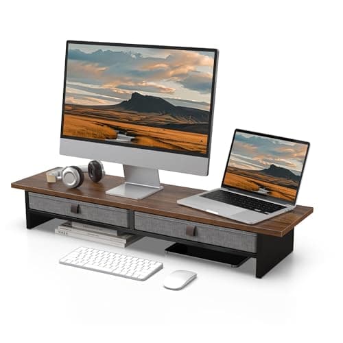 Image of Fenge Monitor Stand Riser with Drawers Wood 2-Tiers Computer Monitor Stnads for PC Laptop Printer TV 90x23.5x14.2cm Max Load 25KG (Brown)