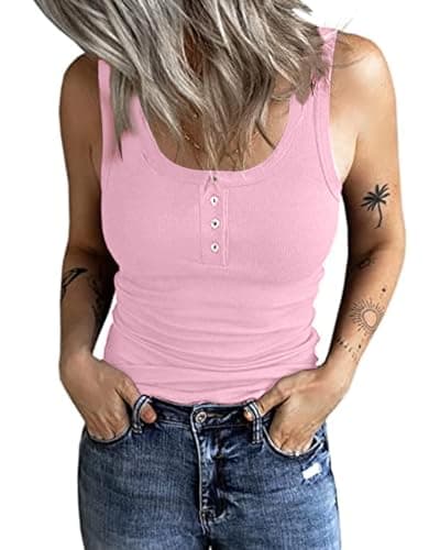 Image of TrendiMax Womens Sleeveless Henley Tank Tops Ribbed V Neck Button Down T Shirts Summer Slim Fit Tee Tops(L,Pink)