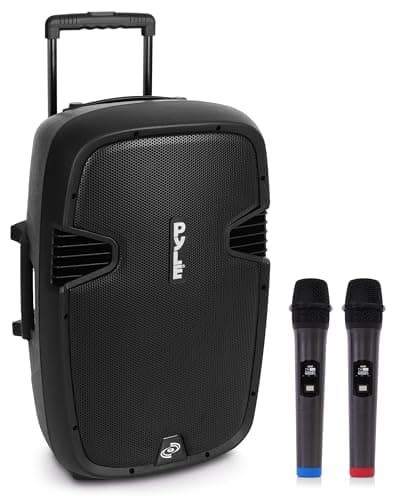 Image of Pyle Portable PA System, Powerful Bluetooth Speaker with 2 Wireless Mics, 1600W, Trolley Handle & Wheels, Long Battery Life, Enhanced Audio for Karaoke, DJs, Events & Public Speaking