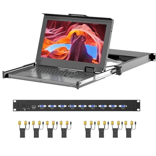Image of Rack Mount KVM w/15.6'' LCD Monitor, Arvitek 8 Port KVM Switch VGA w/Handle, Fit 1U 19'' Rack, Suitable for 600-800mm Network Cabinet +8 VGA KVM Cables