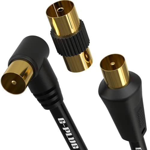 Image of 0.5m TV Aerial Cable with Right Angled Plug + Adapter – Coaxial RF Lead Male to Male – Gold-Plated Connector – Freeview, Freesat, Sky Box, BT, TV Antenna Extension
