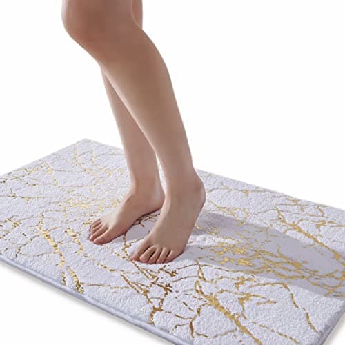 Image of QJHOMO White Bath Mat 60 x 90 cm Bathroom Mat Non Slip Bath Mats Gold Stripes Marble Rug Absorbent Microfiber Bathroom Rug Machine Washable Floor Carpet for Shower, Living Room, Bedroom…