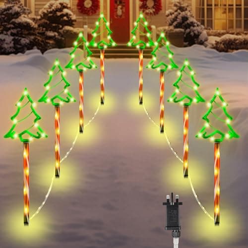 Image of MaxEarn 8 Pack Outside Christmas Tree Path Lights, 8 Modes Lighting Waterproof 144LED So Big 18cm Christmas Tree Sign Decorations, Warm White Pathway Lights for Xmas Festive Outside Garden, Yard Decor