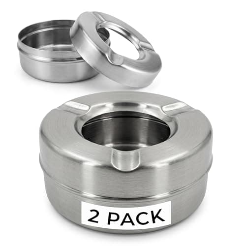 Image of Chabrias Ltd Stainless Steel Windproof Ashtray with Lid - 2 Pack - Outdoor Ashtrays for Patio, Balcony, Garden, Smoking Areas - Durable Cigarette Ash Tray Set with Removable Lid for Home - Pack of 2