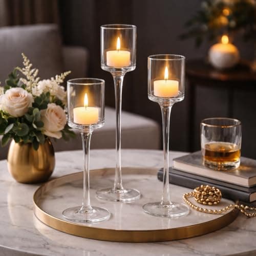 Image of Marco Paul Set of 3 Clear Stemmed Glass Tealight Holders Tall Pedestal Candle Holders in 3 Sizes Elegant Votive Candle Stands for Wedding Centrepieces, Spring Easter Table Decor