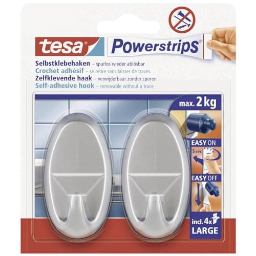 Image of tesa Powerstrips Hooks Large OVAL - Removable Self-Adhesive Wall Hook for Glass, Tiles, Wood, Plastic and Other Surfaces - Matt-Chrome - Holds Up to 2 kg