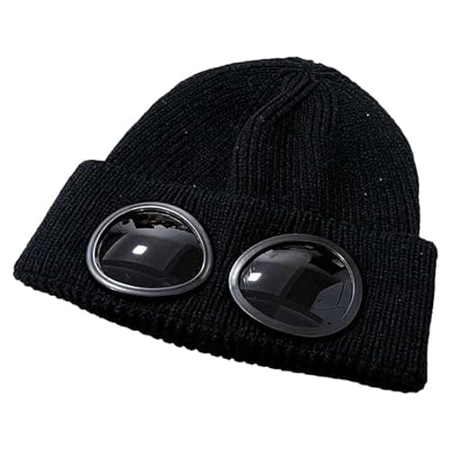 Image of Unisex Solid Color Goggle Lens Design Beanie Hat, Knitted Warm Hat, Beanie Winter Hat with Goggles (Black,Free Size)