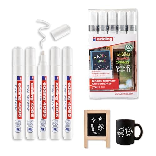 Image of edding 4095 Chalk Marker, Colour: White, Pack of 5, Thin Chalk Pen, Window Marker, For Writing on Window, Blackboard and Glass, Wet-Wipe
