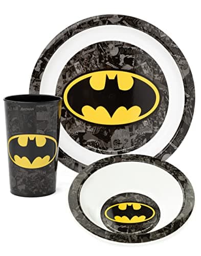 Image of DC Comics Batman Kids Dinnerware Set | Black 3 Piece Tableware for Boys & Girls | PP Dinner Plate, Bowl and Tumbler Cup | Comic Strip Superhero Logo Novelty Set | Movie Merchandise Gift for Children