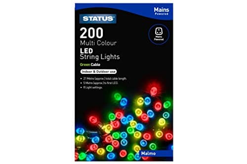 Image of Status Malmo 200 LED Multi-Colour String Lights, 21m Cable with 5m Lead, Mains-Powered IP44 Indoor and Outdoor Party Chain, Green Wire (MALMO200MMC6)